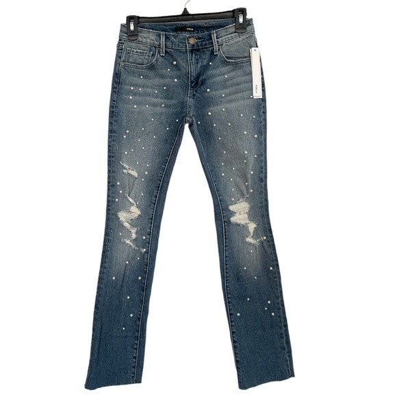 NWT Aqua Pearl Embellished Distressed Straight Leg Jeans Ankle Cropped Size 24 - Picture 1 of 11
